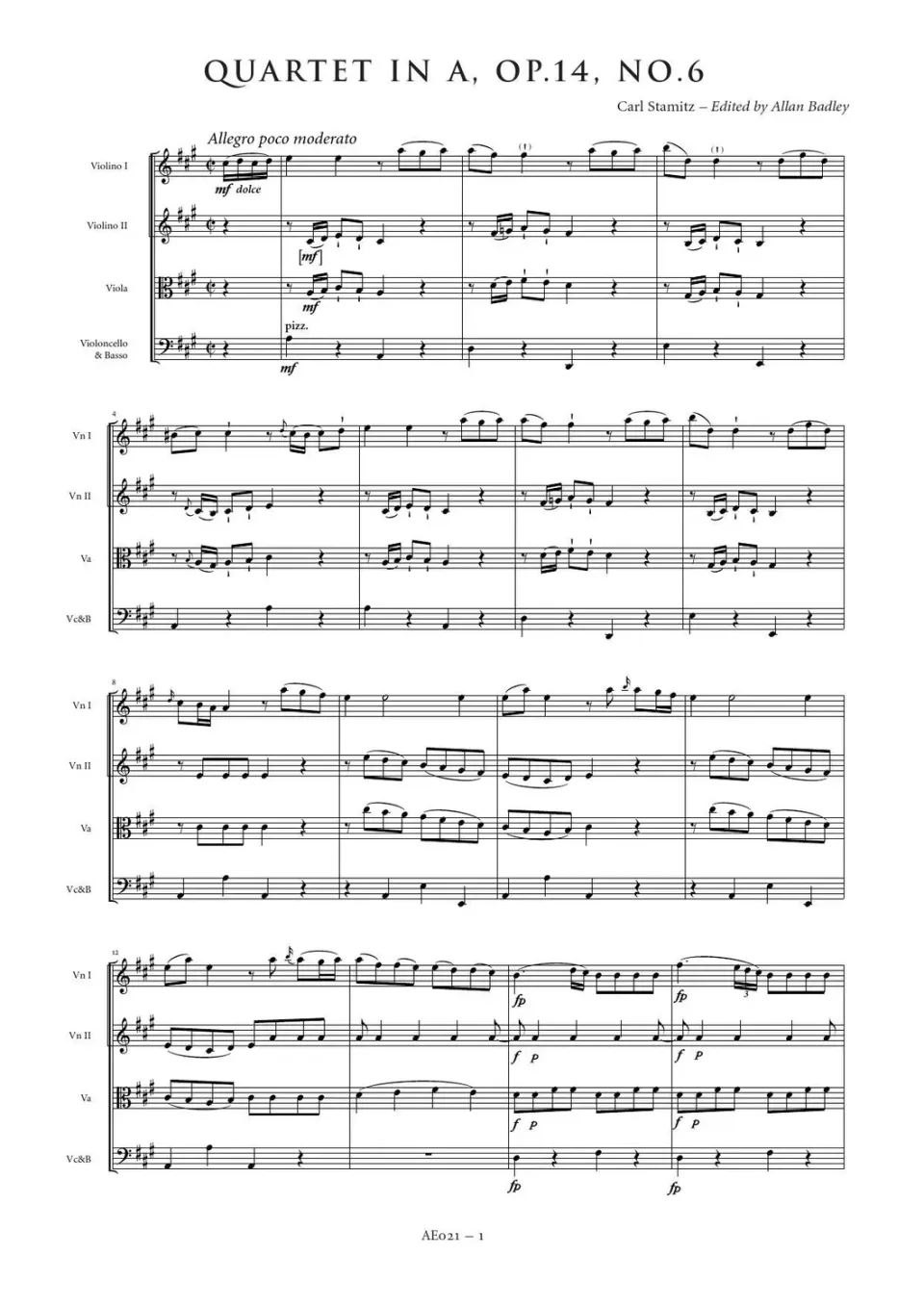 Artaria Stamitz Streichquartett A-Dur op. 14 Nr. 6 Noten
