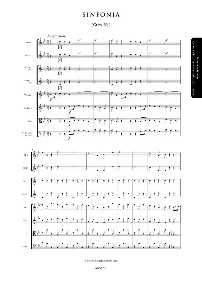 Artaria Dittersdorf Sinfonie B-Dur Grave Bb5 Noten