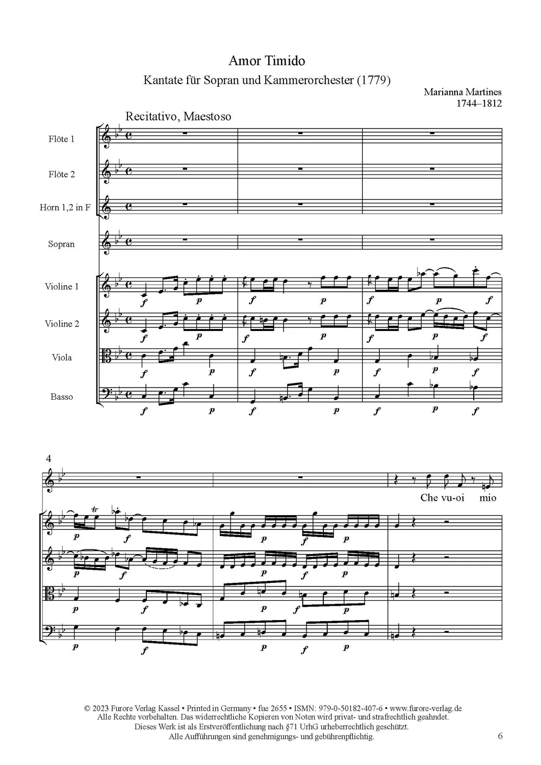 Furore Edition Amor Timido Kantate für Sopran solo und Kammerorchester Noten