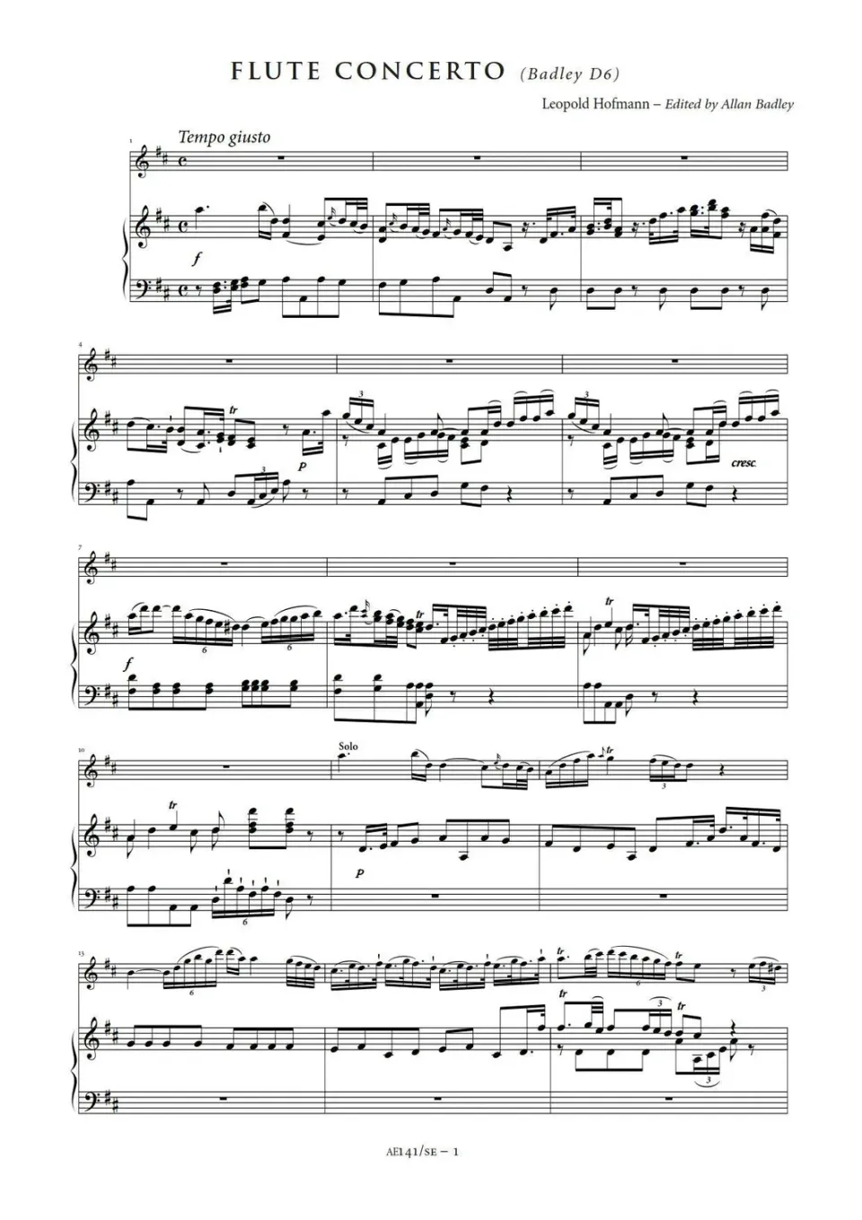 Artaria Hofmann, Leopold: Flute Concerto in D major (Badley D6) [Study Edition] (AE141/SE) Flötenkonzert