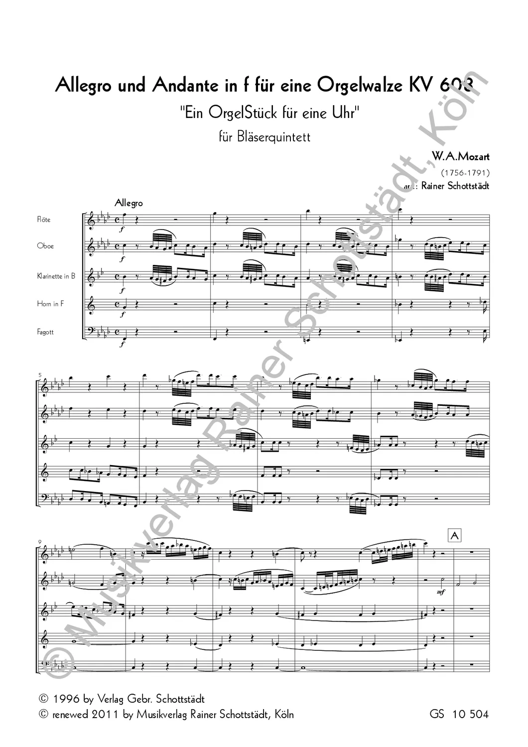 Musikverlag Rainer Schottstädt Allegro und Andante KV 608 Noten Quintett