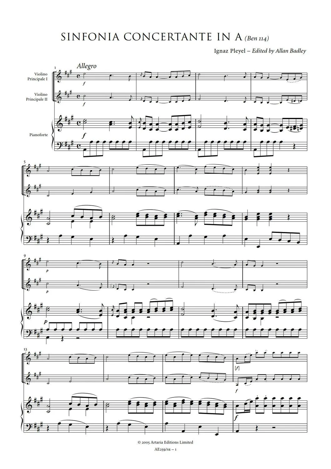 Artaria Pleyel Sinfonia Concertante in A major Benton 114 Partitur
