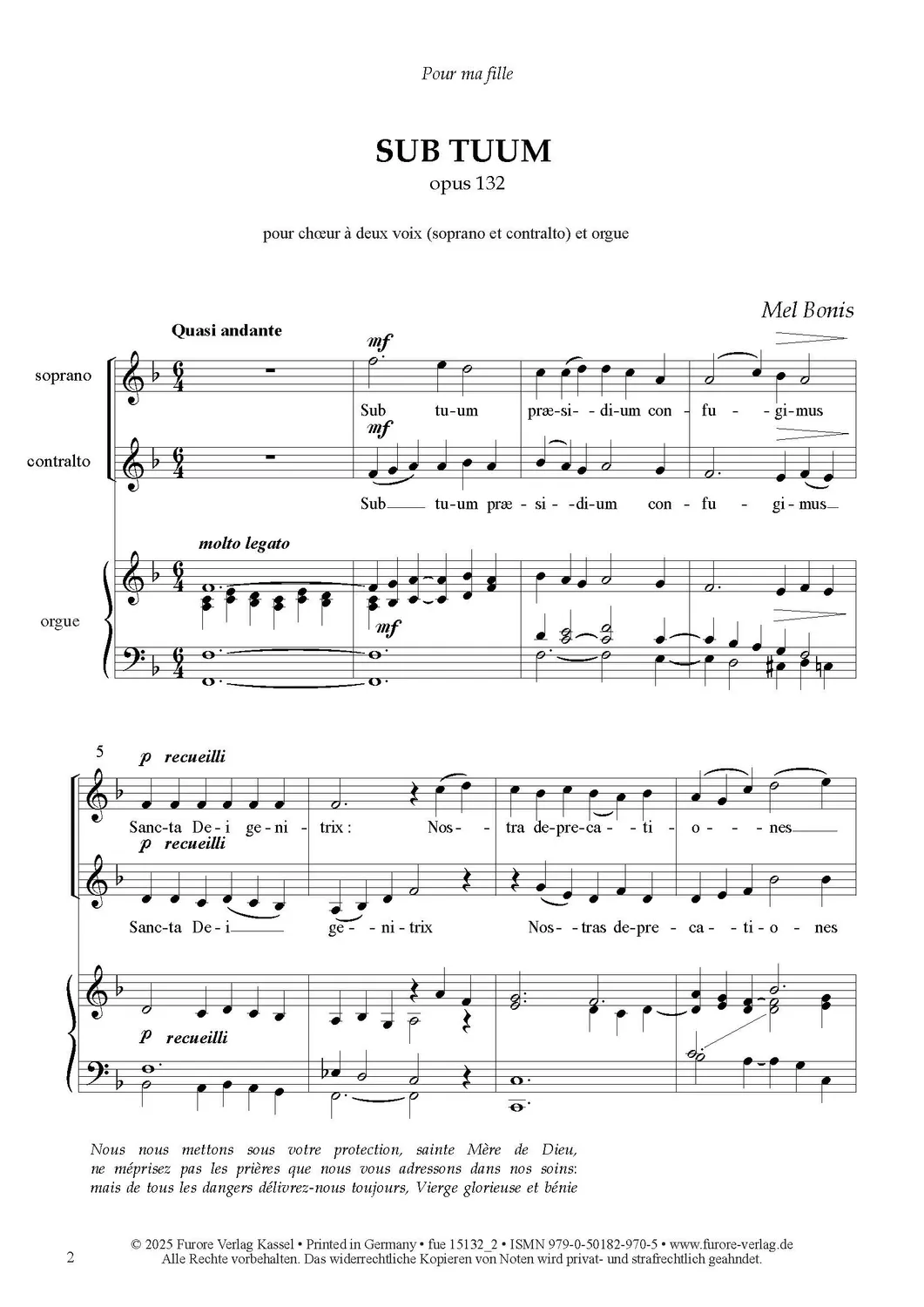 Furore Edition SUB TUUM opus 132 Noten für Frauenchor und Orgel