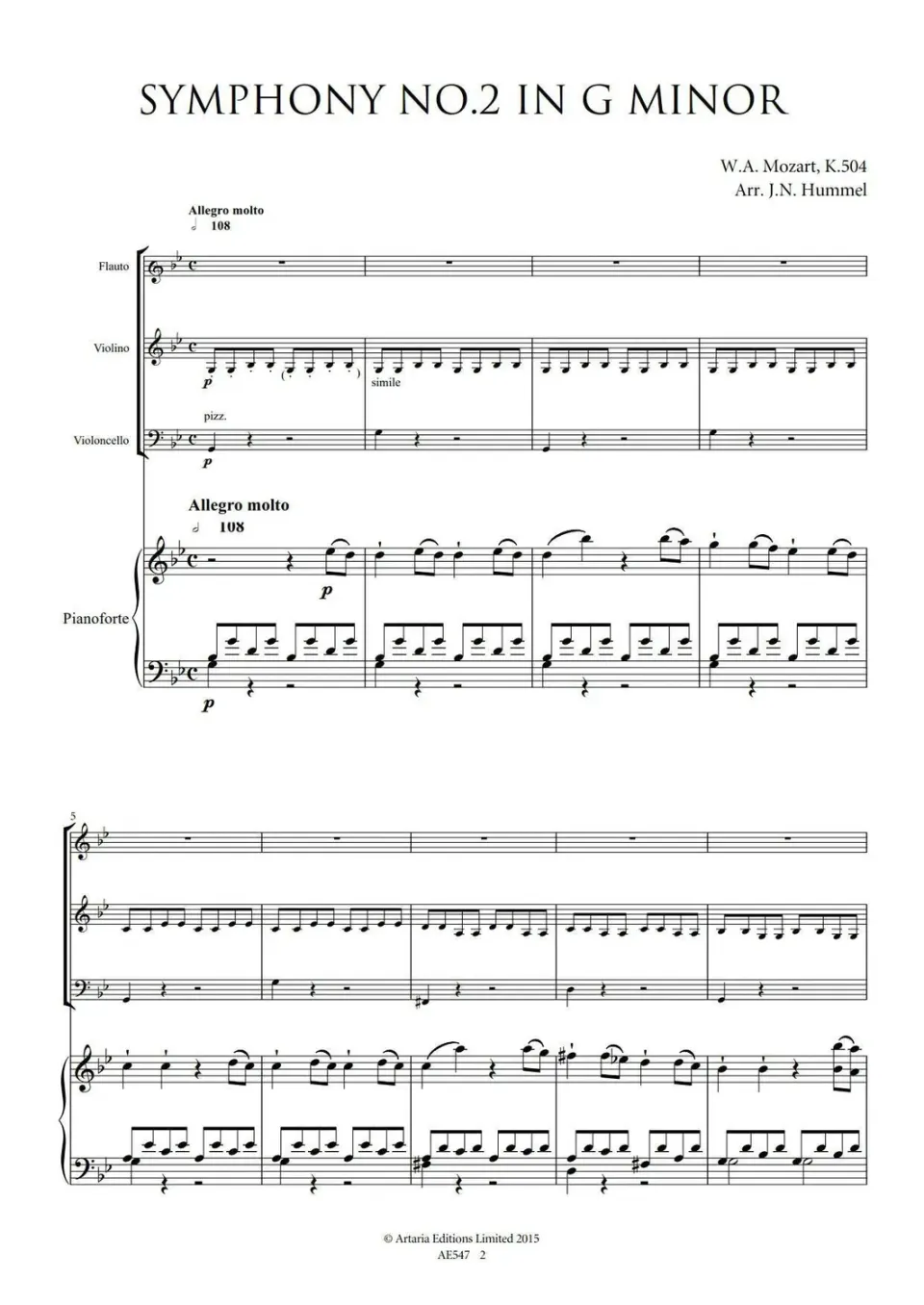 Artaria Hummel Mozart’s Six Grand Symphonies No.2 in G K.550