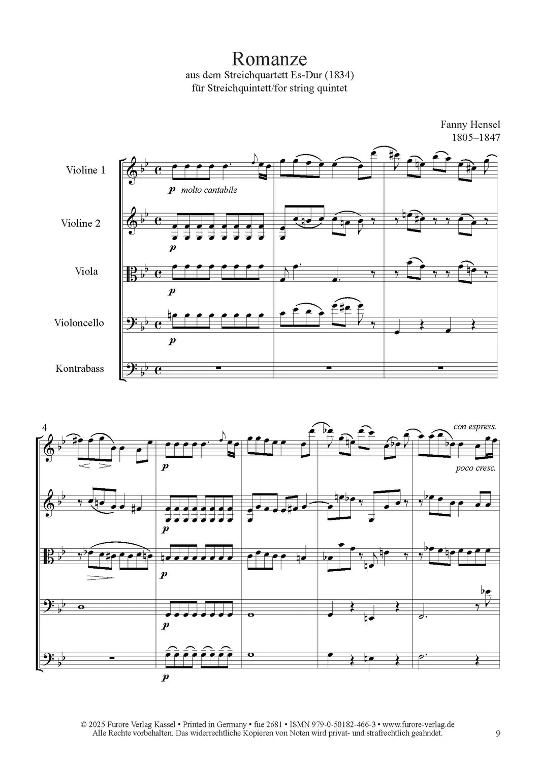 Furore Edition Romance Es-Dur Noten Streichorchester Kontrabass