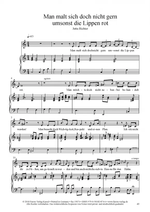 Furore Edition Man malt sich doch nicht gern Lieder Singstimme Klavier