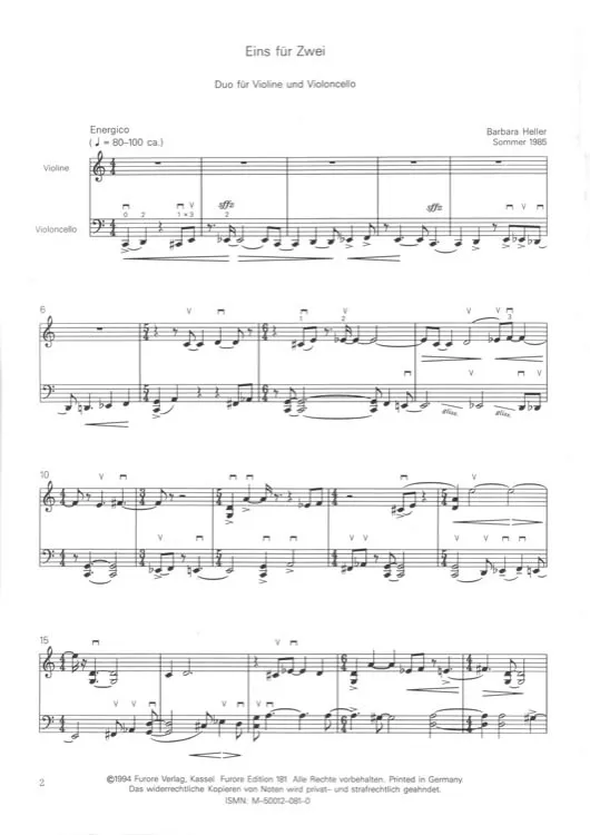 Furore Edition Eins für Zwei Noten Violine Violoncello