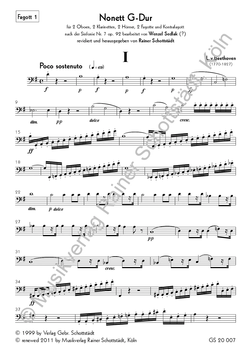 Musikverlag Rainer Schottstädt Nonett G-dur nach der Sinfonie Nr. 7 op. 92