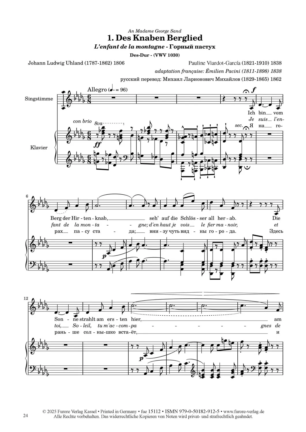 Furore Edition Pauline Viardot singt deutsche Gedichte Band 1: Neun Lieder für Singstimme und Klavier
