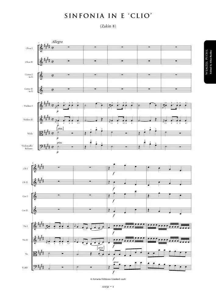 Artaria Pichl Sinfonie E-Dur Clio Zakin 8 Partitur