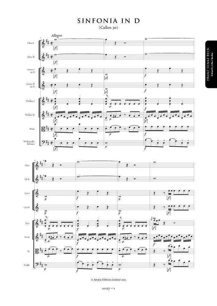 Artaria Beck Symphony in D major (Callen 30) Sinfonie Partitur