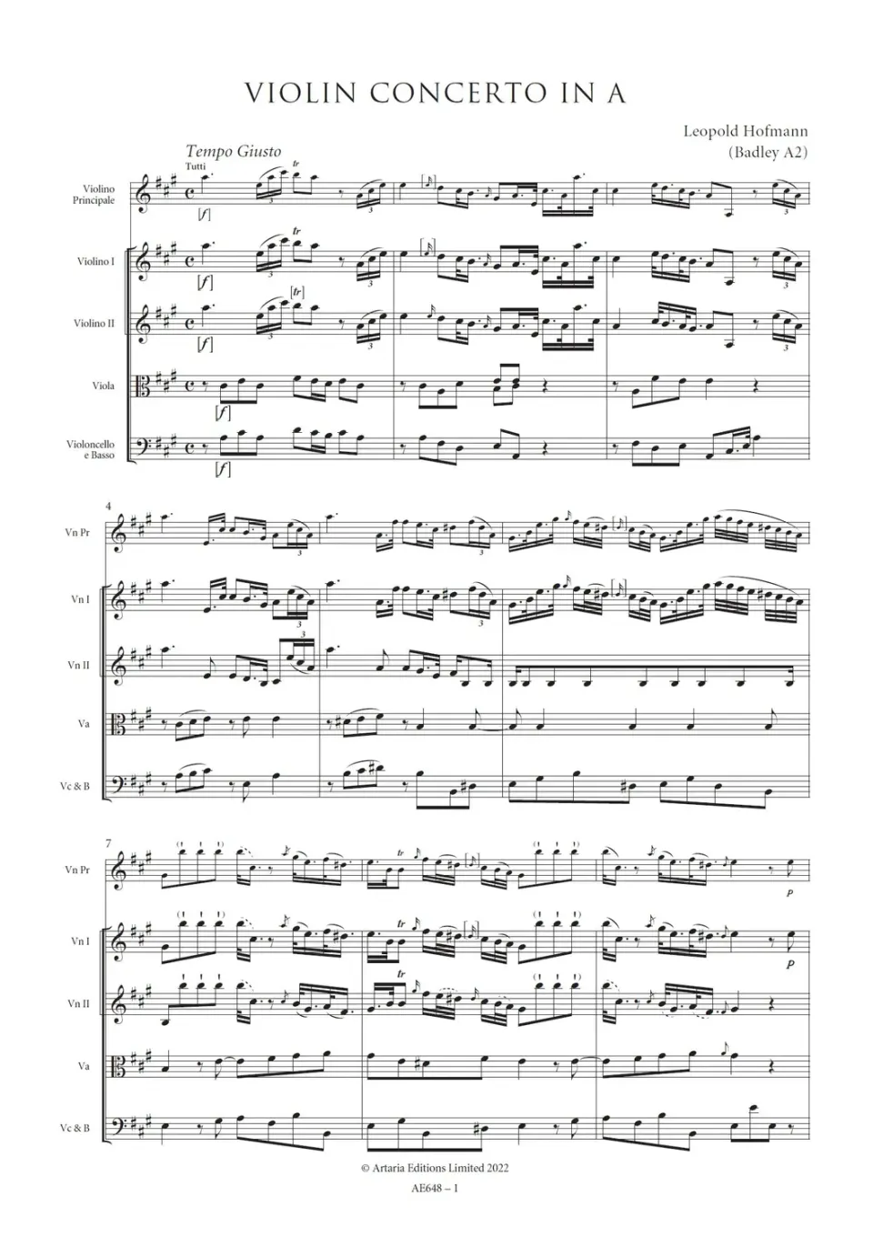 Artaria Hofmann Violin Concerto in A major (Badley A2) Partitur