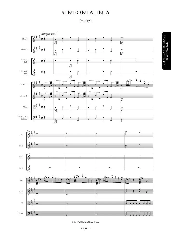 Artaria Kraus Sinfonia A-Dur VB127/128 Partitur Ausgabe