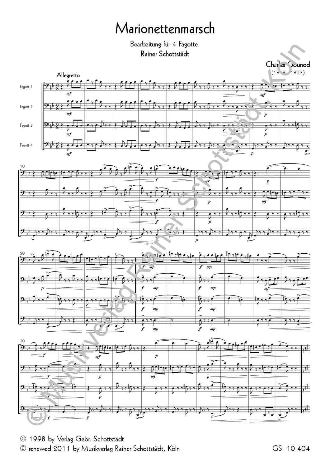Musikverlag Rainer Schottstädt Marionettenmarsch Noten für 4 Fagotte