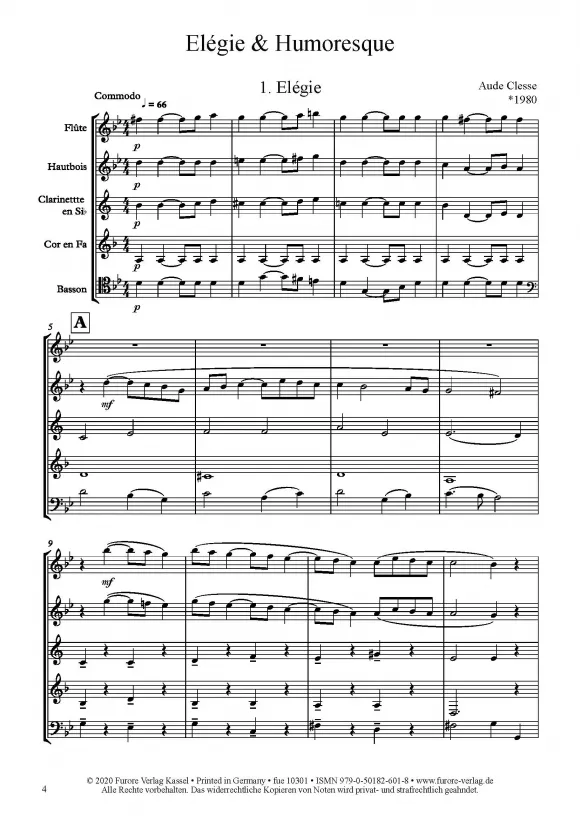 Furore Edition Elégie Humoresque Noten Bläserquintett