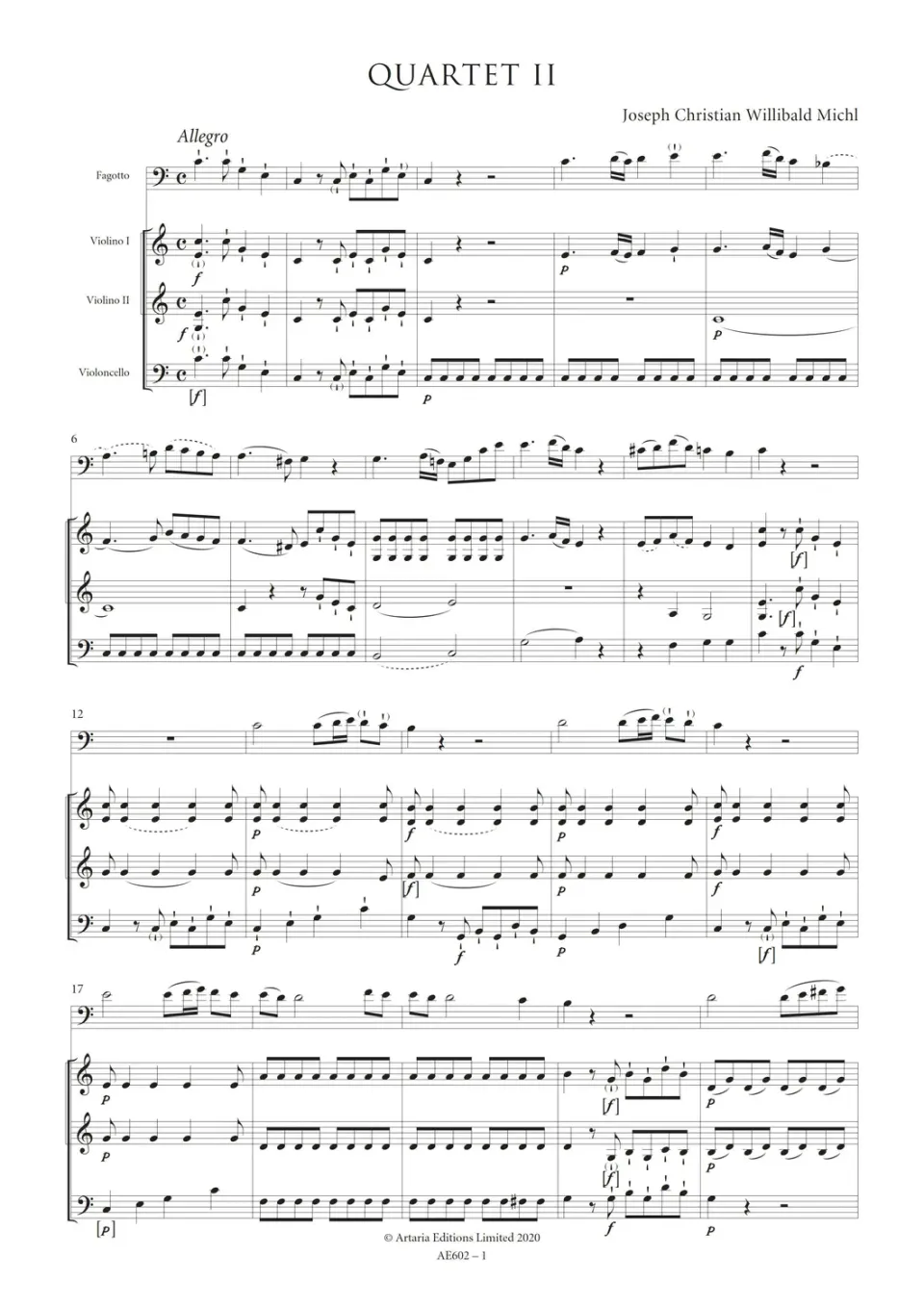 Artaria Quartet in C major for Bassoon and Strings AE602