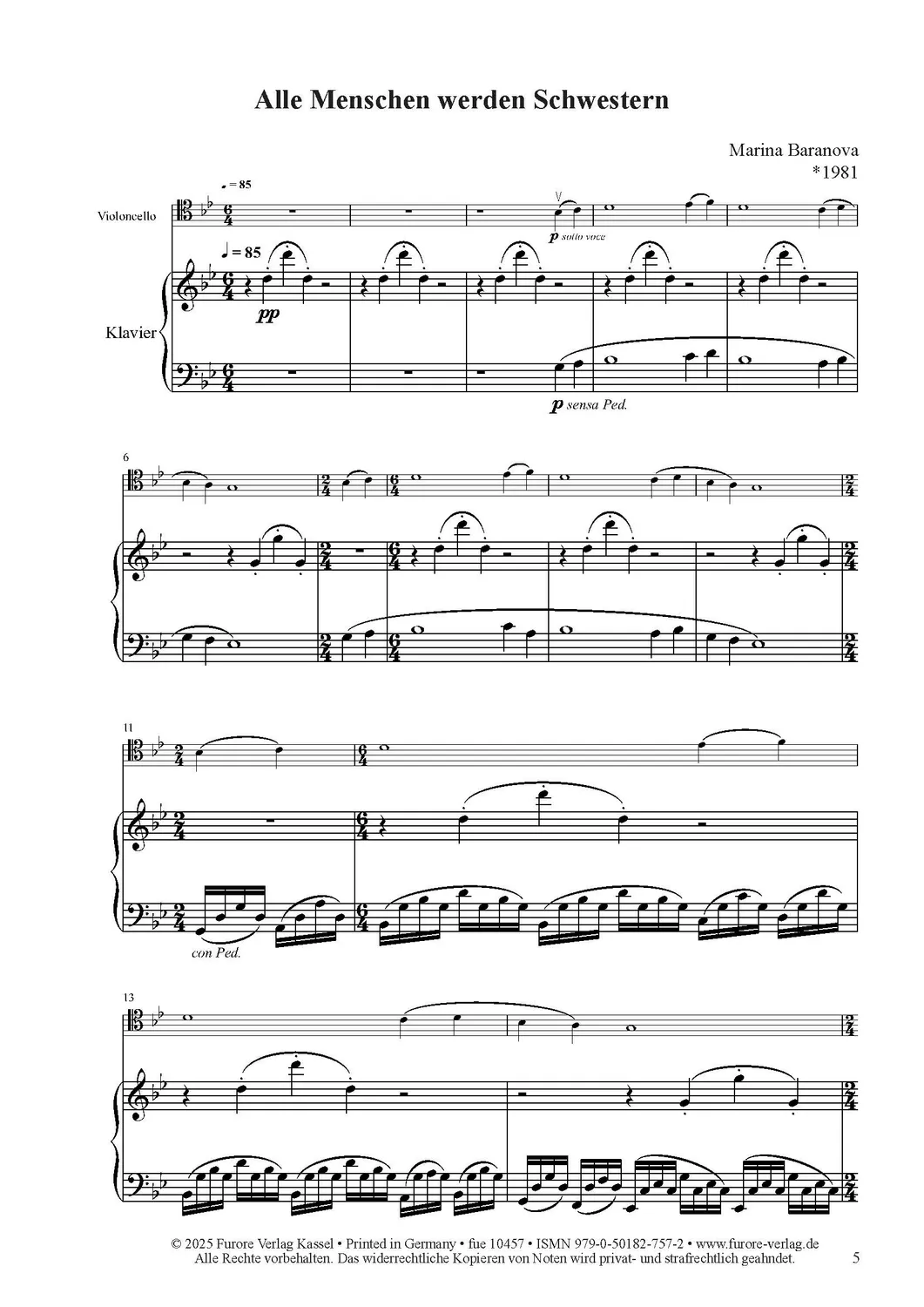 Furore Edition Alle Menschen werden Schwestern Cello Klavier