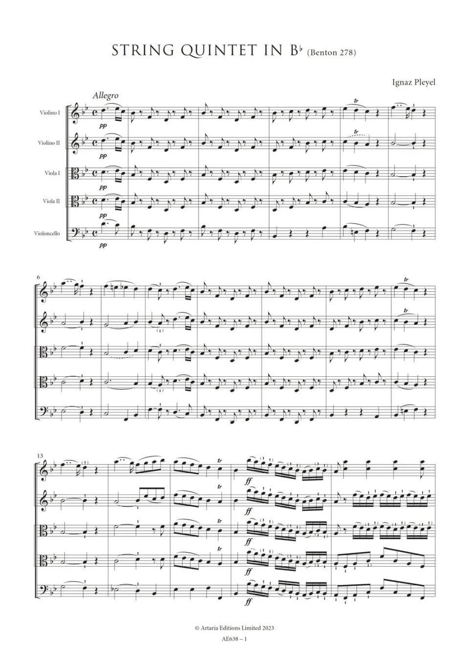 Artaria AE638 Pleyel Streichquintett B-Dur Stimmen