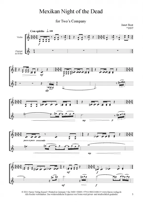 Furore Edition Mexican Night of the Dead Partitur und Stimme für Violine und Klarinette in B