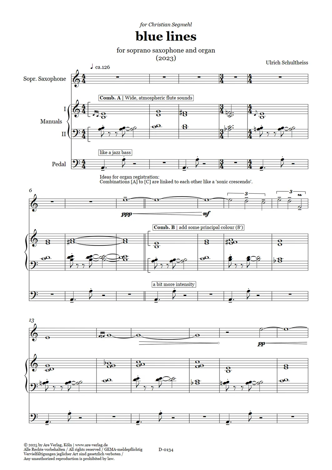 Are Musik Verlag blue lines für Sopran-Saxophon und Orgel