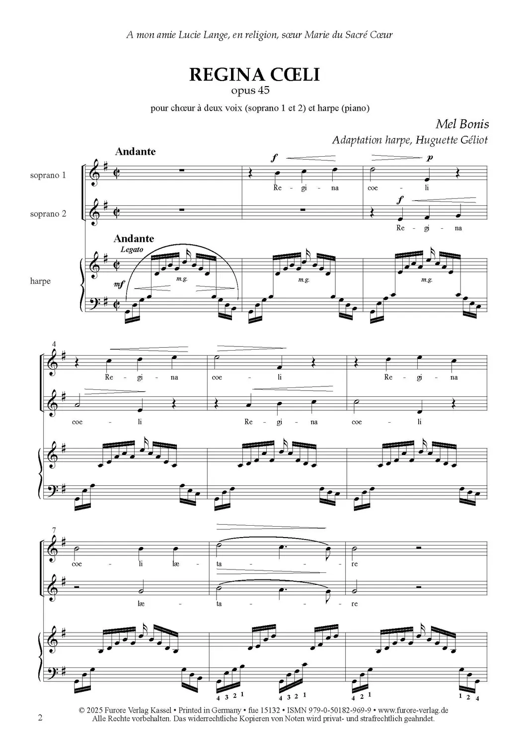 Furore Edition Regina Coeli Chornoten 2 Soprane Harfe