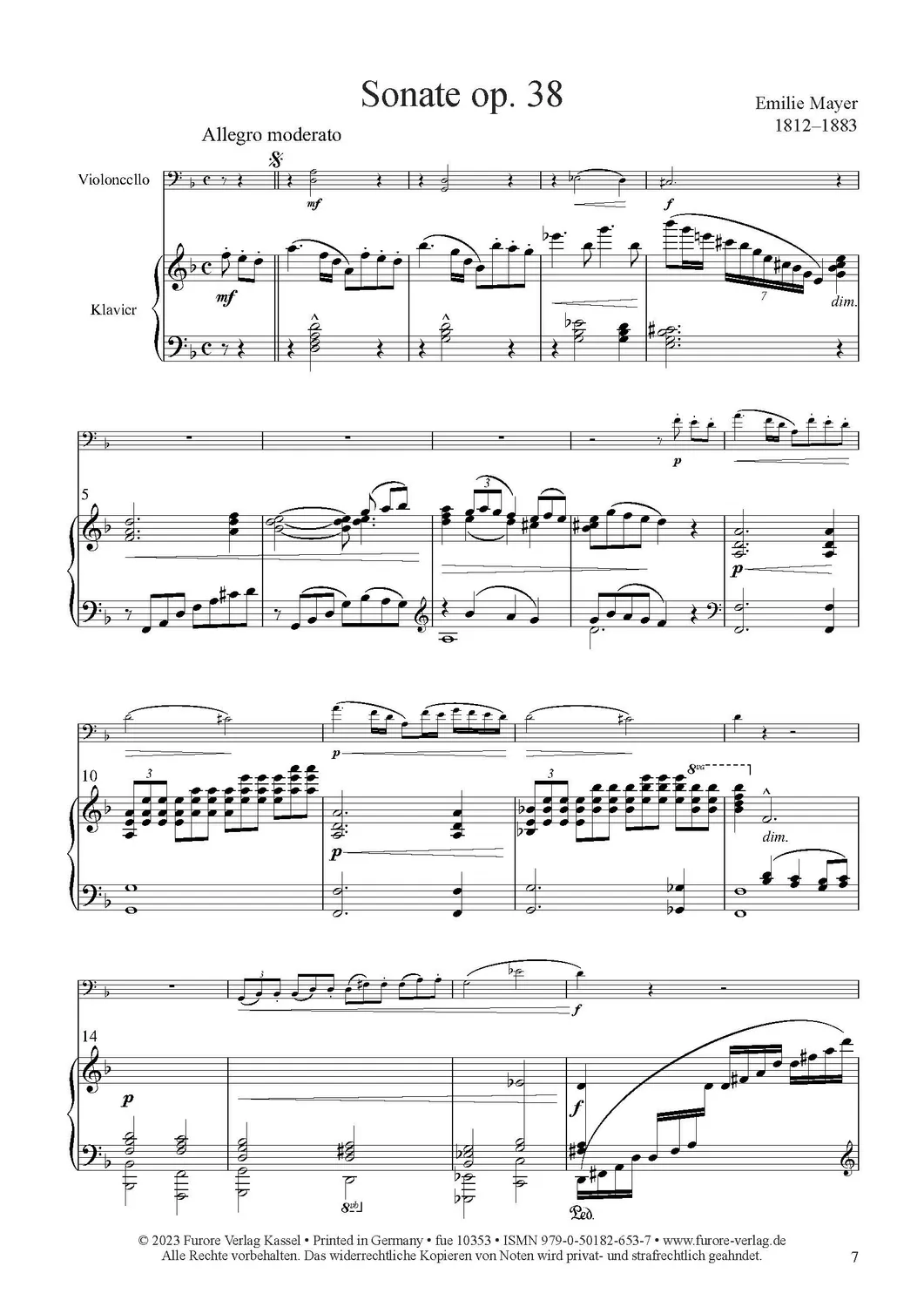 Furore Edition Sonate d-Moll op. 38 Noten Cello Klavier