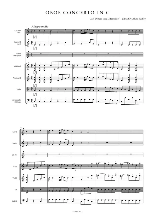 Artaria Dittersdorf Oboenkonzert C-Dur Partitur für Oboe