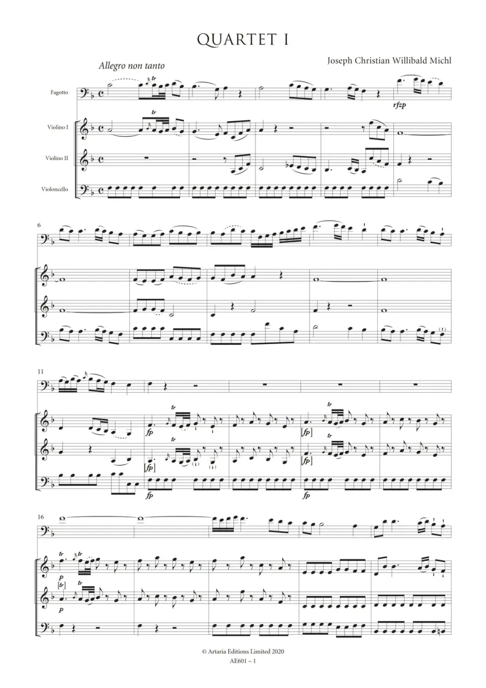 Artaria Michl Quartett F-Dur Fagott Streicher AE601 Noten