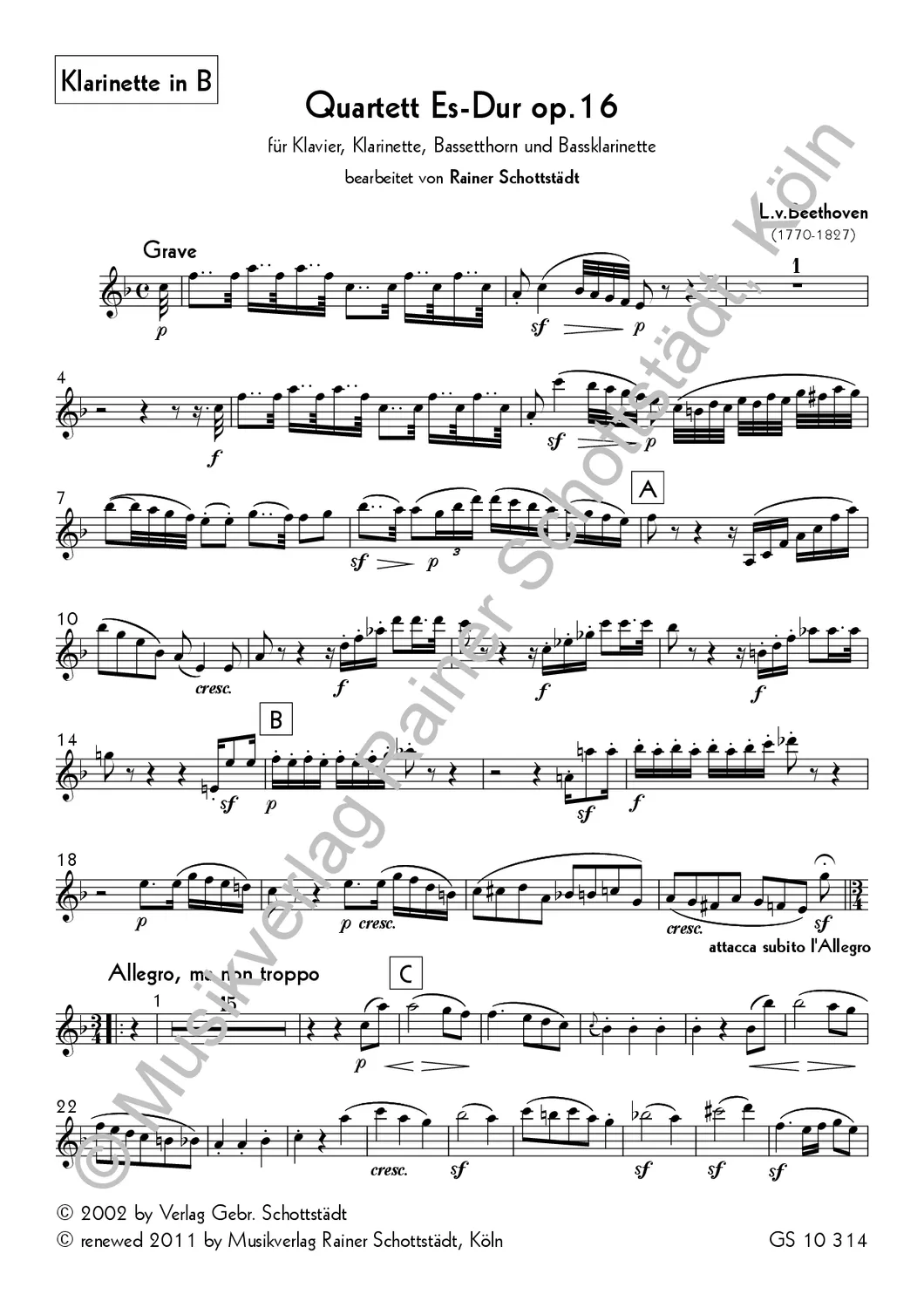 Musikverlag Rainer Schottstädt Klavierquartett Es-dur op.16 Noten Cl Bh Bcl Klavier