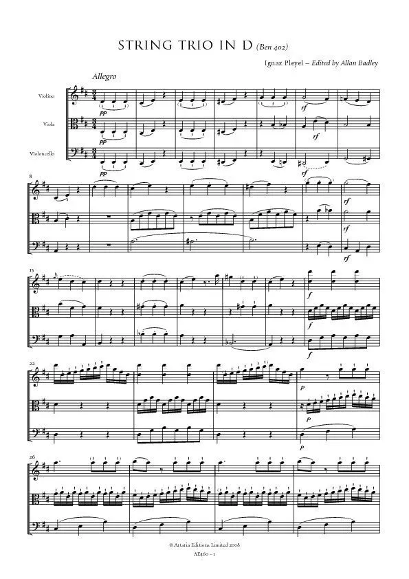 Artaria Pleyel Streichtrio D-Dur Benton 402 AE460 Noten