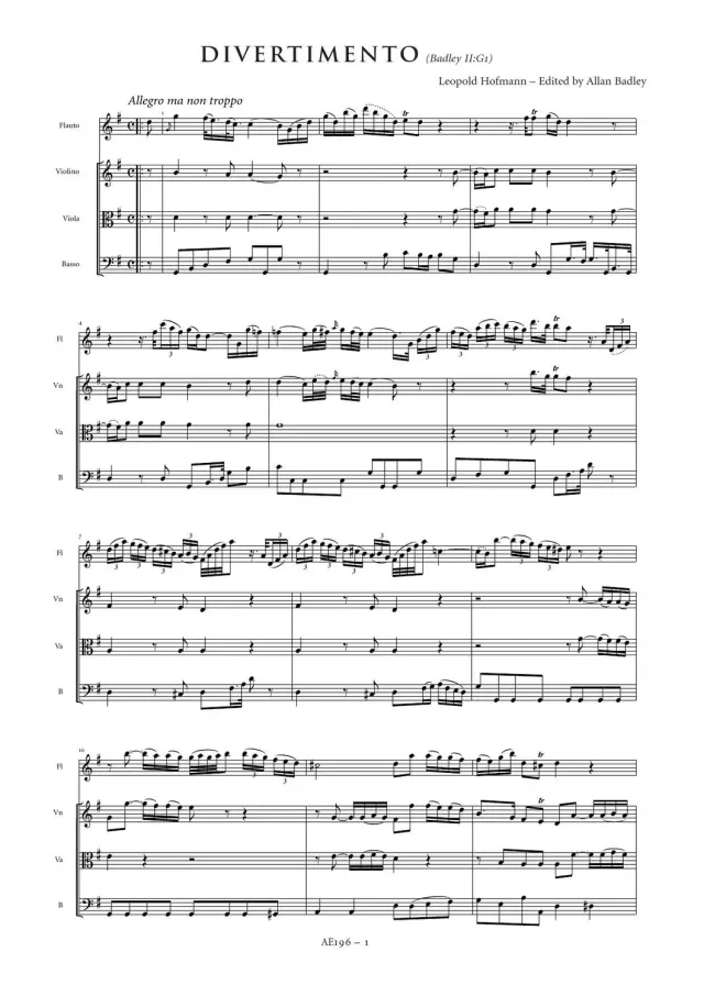Artaria Hofmann Divertimento in G major Badley II:G1