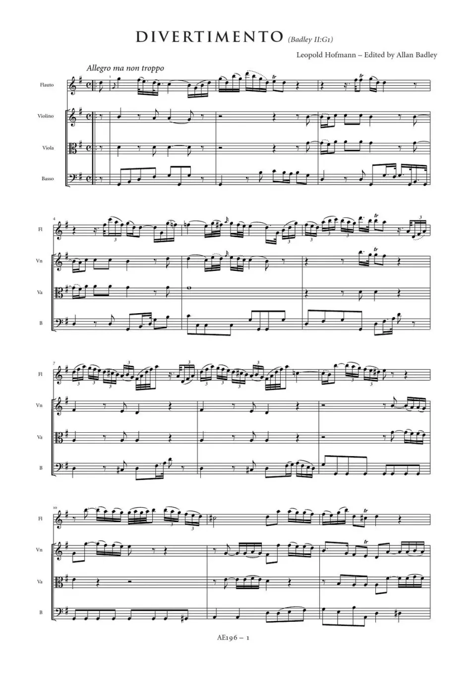 Artaria Hofmann Divertimento in G major Badley II:G1
