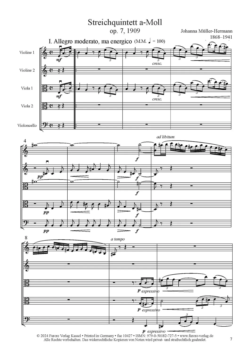 Furore Edition Streichquintett a-Moll op.7 Noten Stimmen