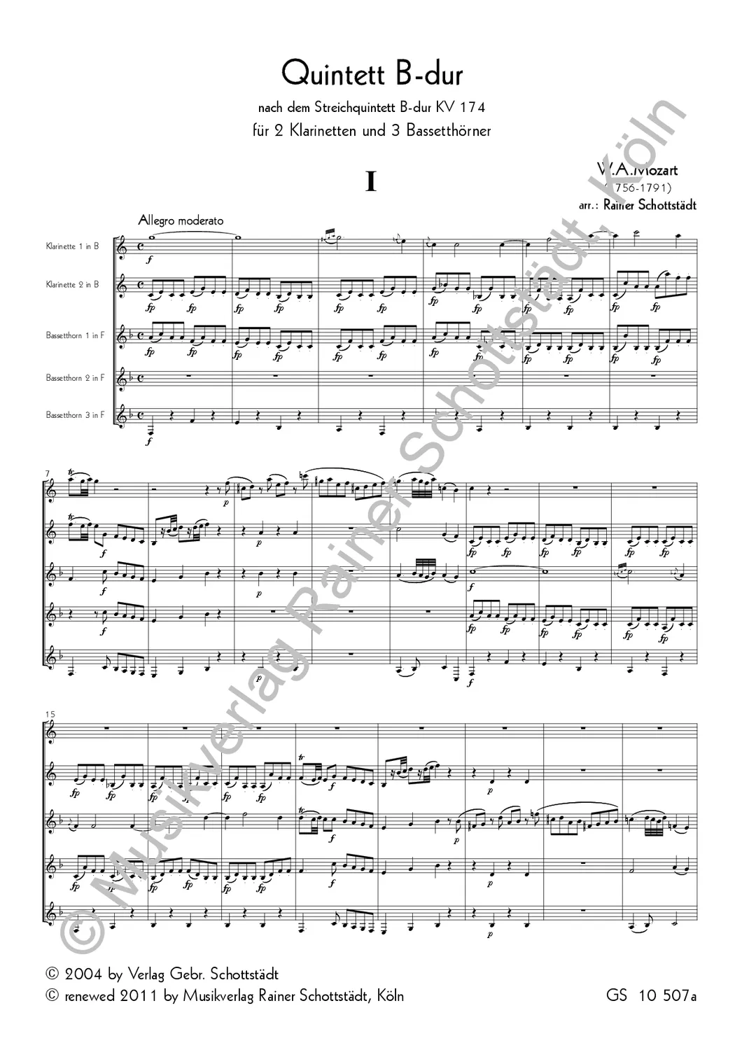 Musikverlag Rainer Schottstädt Quintett B-dur KV174 Noten 2Cl 3Bh