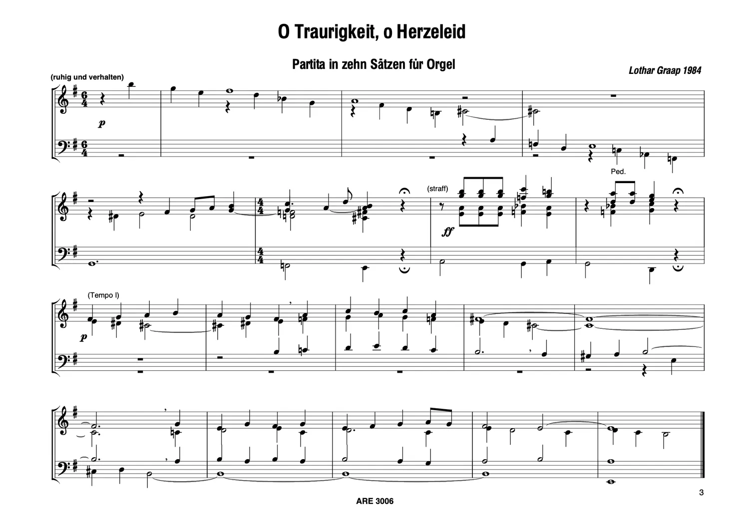 Are Musik Verlag Graap O Traurigkeit o Herzeleid Orgelnoten Are 3006
