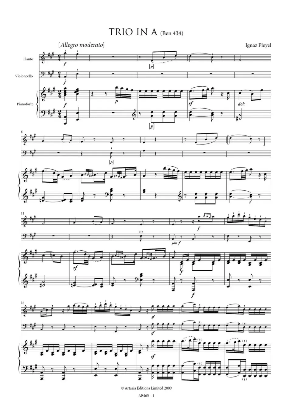 Artaria Pleyel Klaviertrio A-Dur Benton 434 Noten