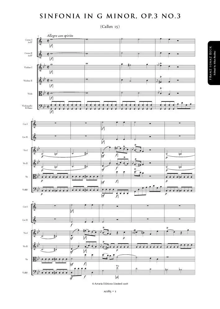 Artaria AE185 Beck Sinfonie g-Moll op. 3 Nr. 3 Partitur