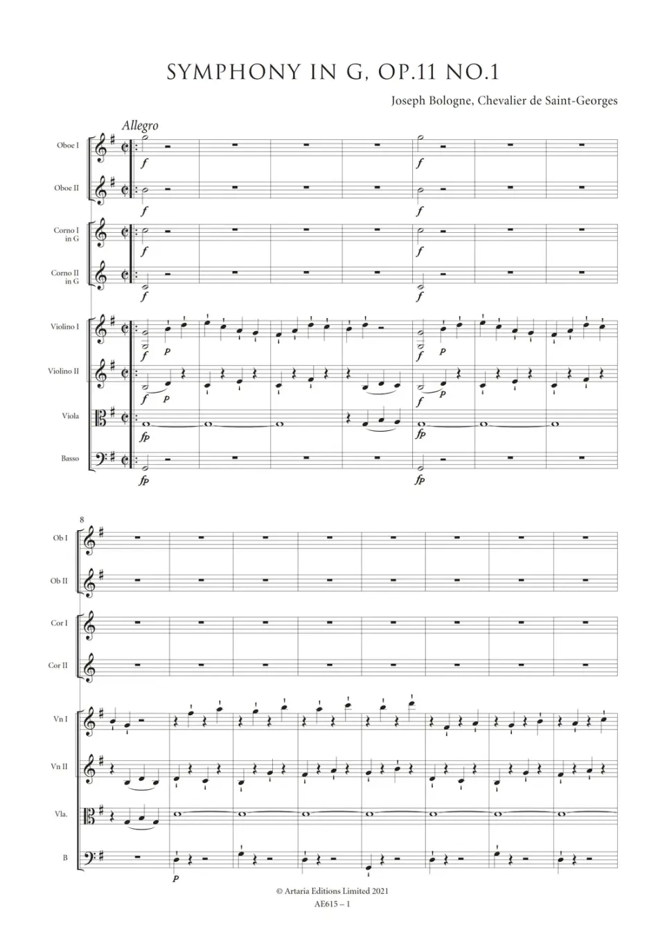 Artaria Saint-Georges Symphony in G major, Op. 11 No. 1 Noten