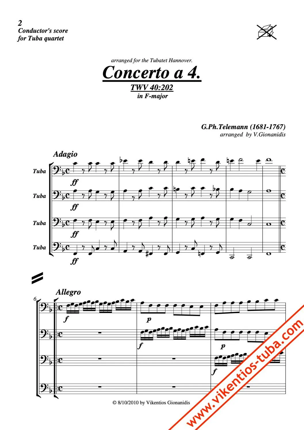 Vikentios Gionanidis Concerto á4 TWV 40:202 Noten Tubaquartett