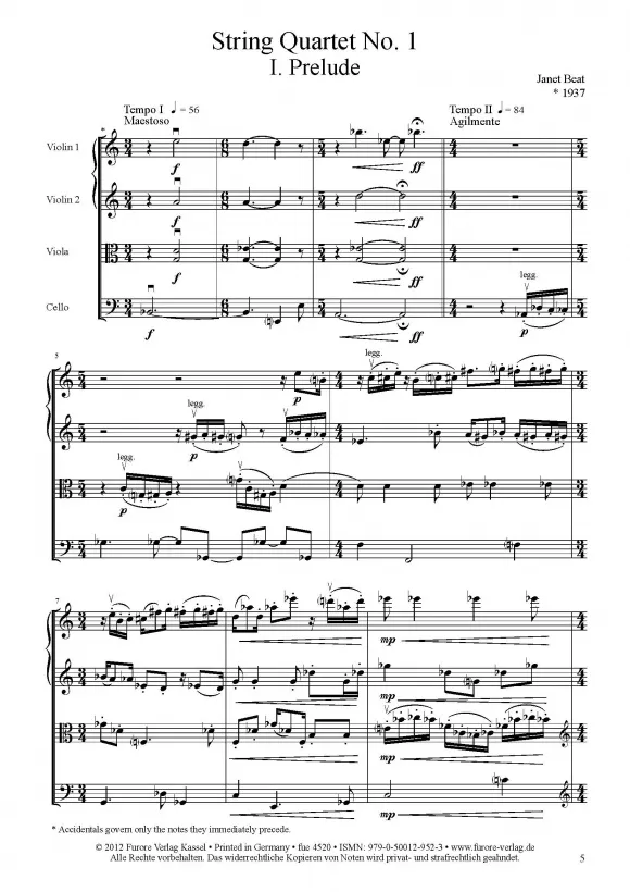 Furore Edition String Quartet No. 1 Noten für Streichquartett
