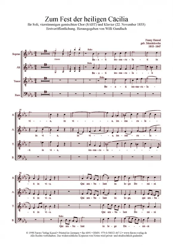 Furore Edition Zum Fest der Heiligen Caecilia Chorpartitur SATB Klavier
