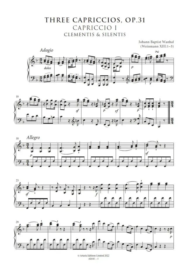 Artaria AE641 Wanhal Drei Capriccios Op.31 Klavier Partitur