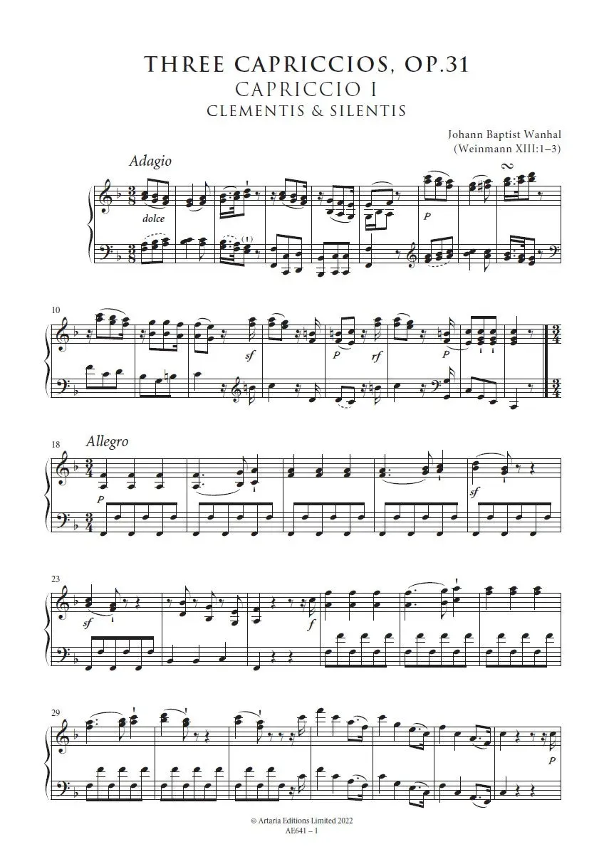 Artaria AE641 Wanhal Drei Capriccios Op.31 Klavier Partitur