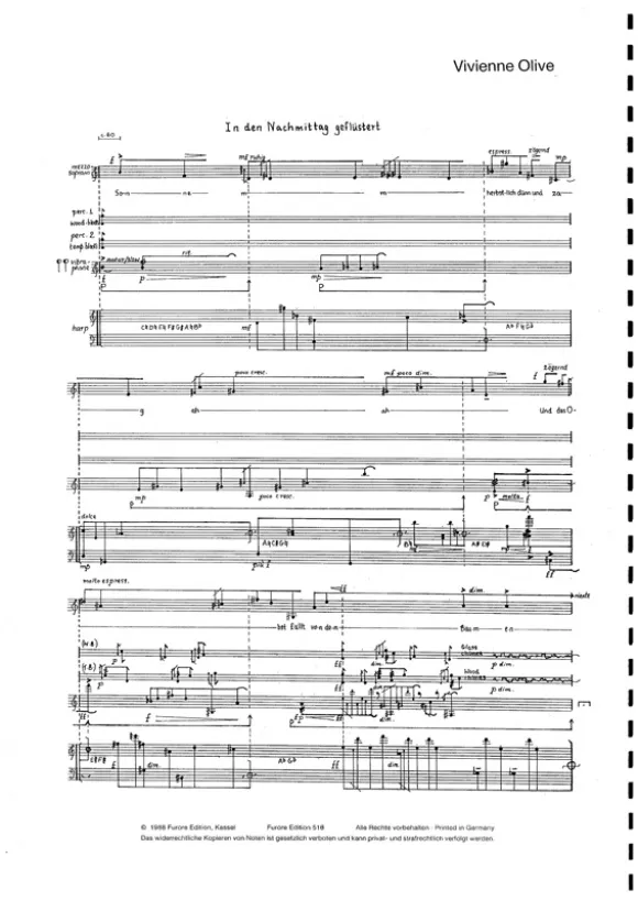 Furore Edition In den Nachmittag geflüstert Partitur für Mezzosopran, Vibraphon, Percussion und Harfe