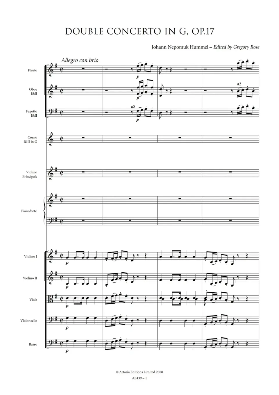 Artaria Hummel Doppelkonzert Op.17 Noten Violine Klavier