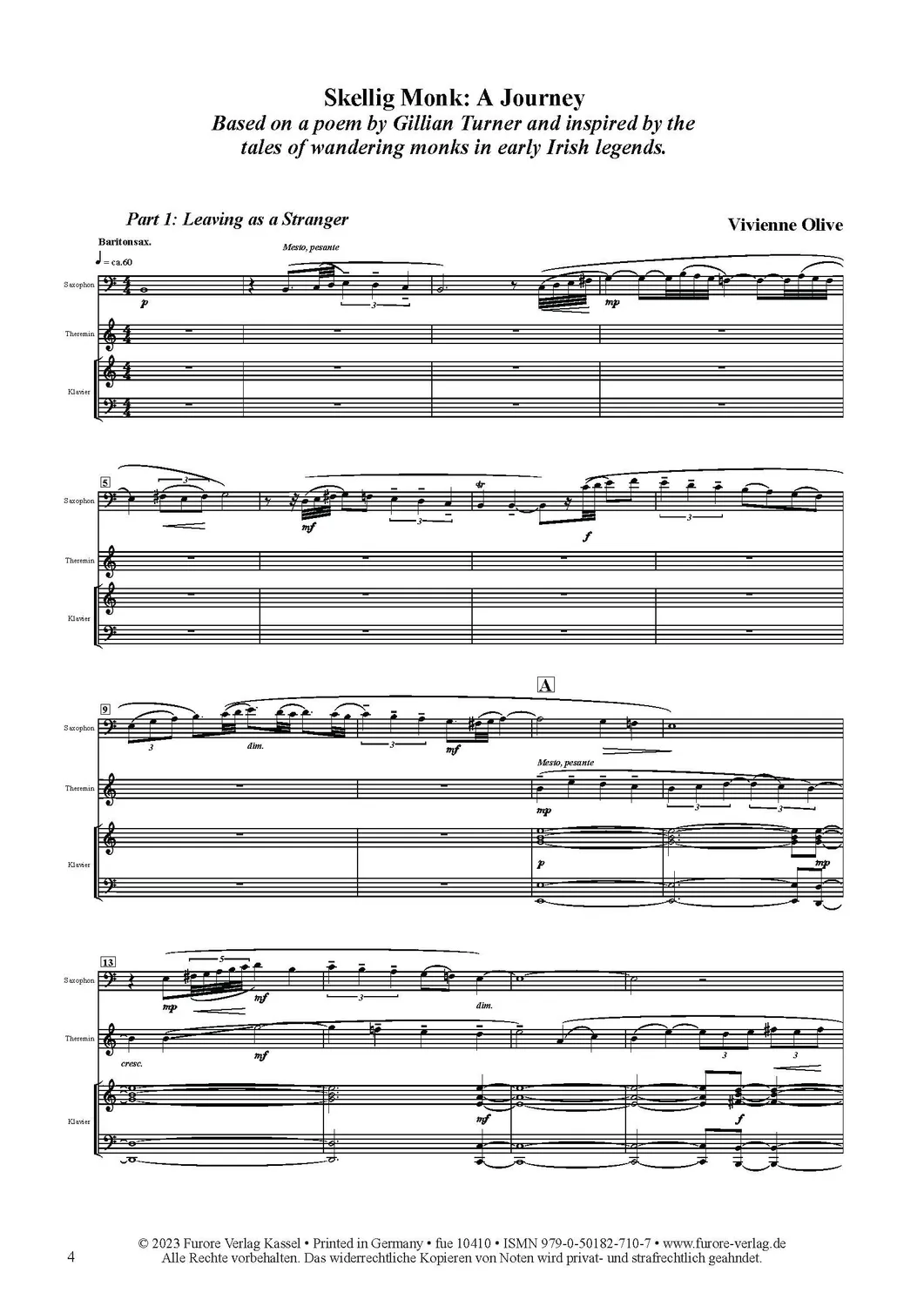 Furore Edition Skellig Monk Kammermusiknoten Saxophon Theremin Klavier