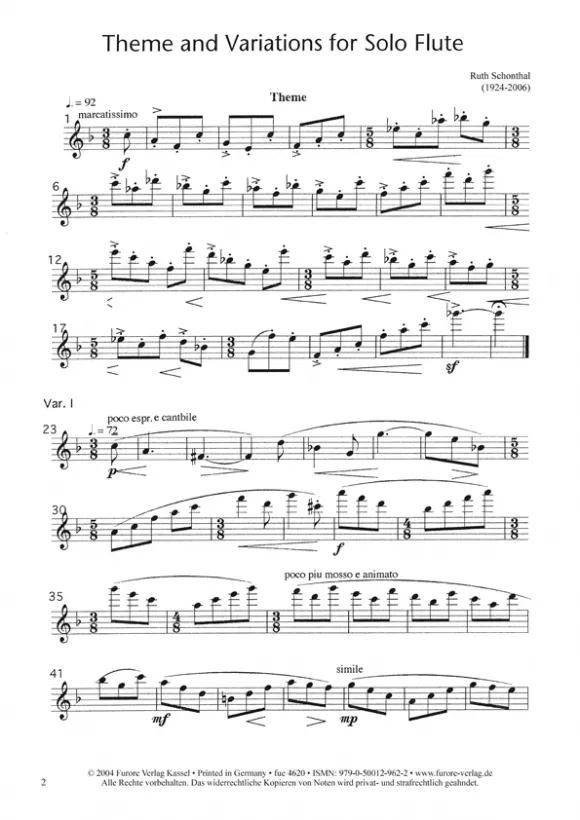 Furore Edition Theme and Variations Blockflöte solo Noten mittel