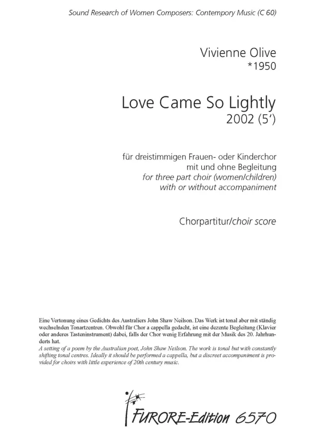 Furore Love Came So Lightly SSA Chorpartitur a cappella