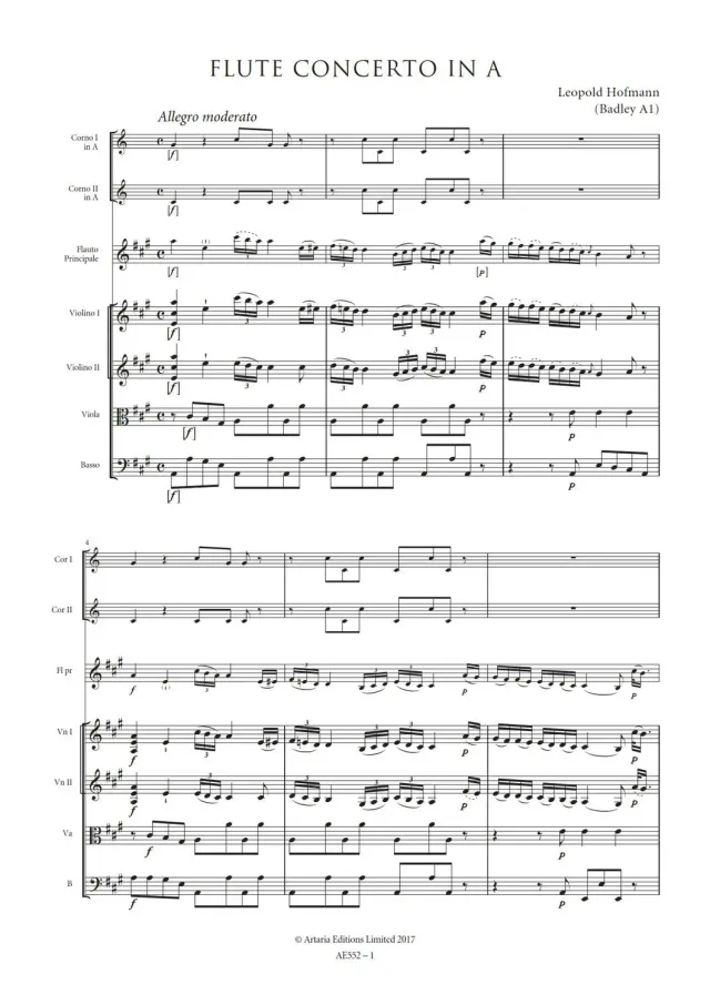 Artaria Hofmann Flötenkonzert A-Dur Badley A1 Noten