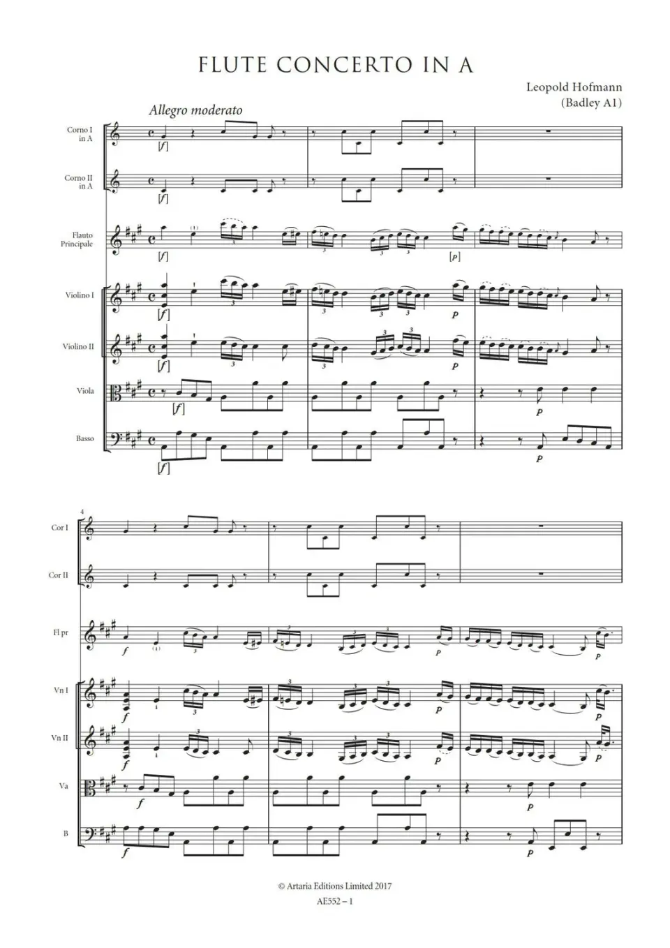 Artaria Hofmann Flötenkonzert A-Dur Badley A1 Noten